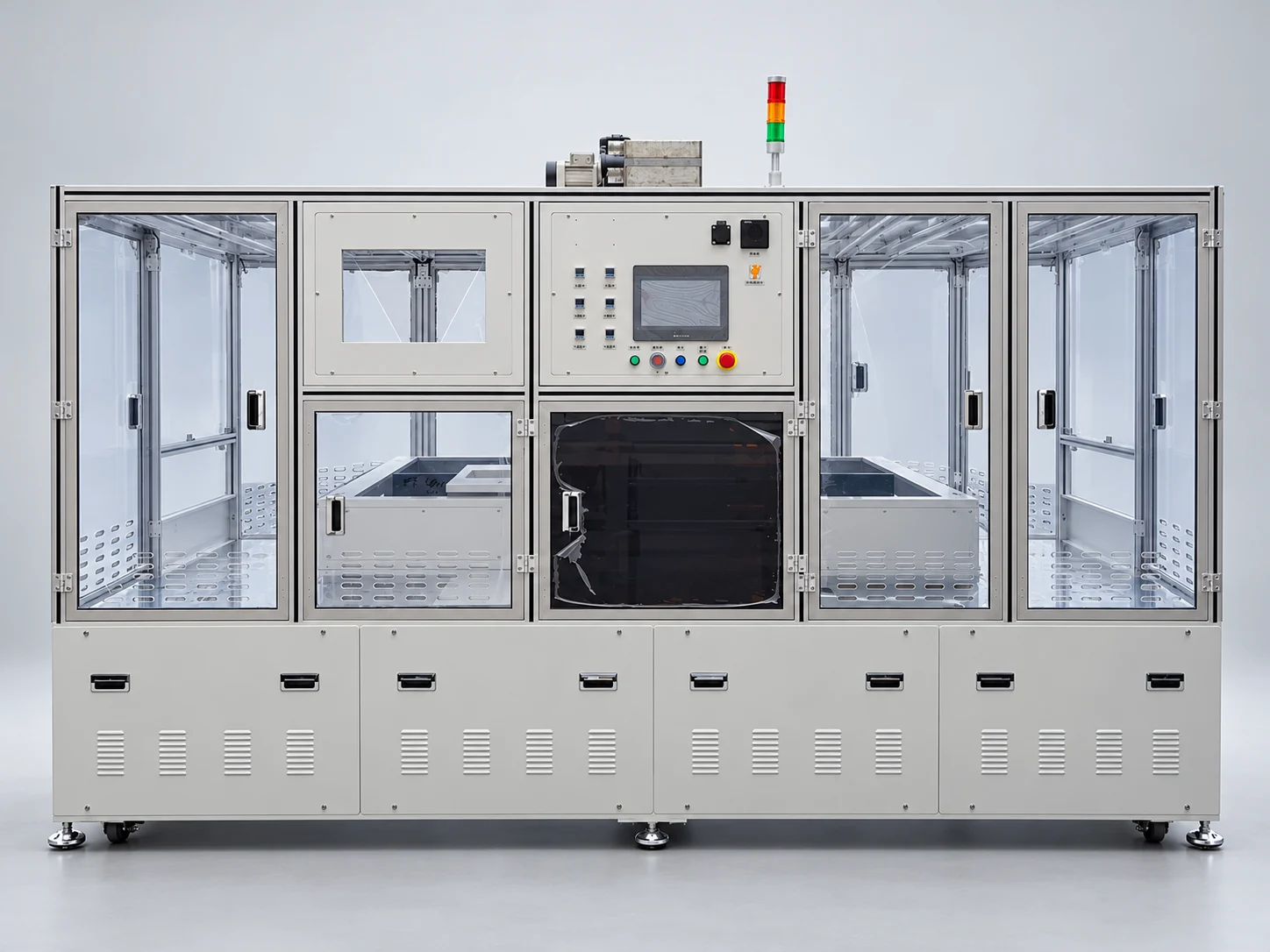 Enclosed conveyor system, studio-retouched photograph